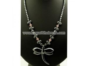 Rose Quartz Beads Hematite Dragonfly Pendant Chain Choker Necklace